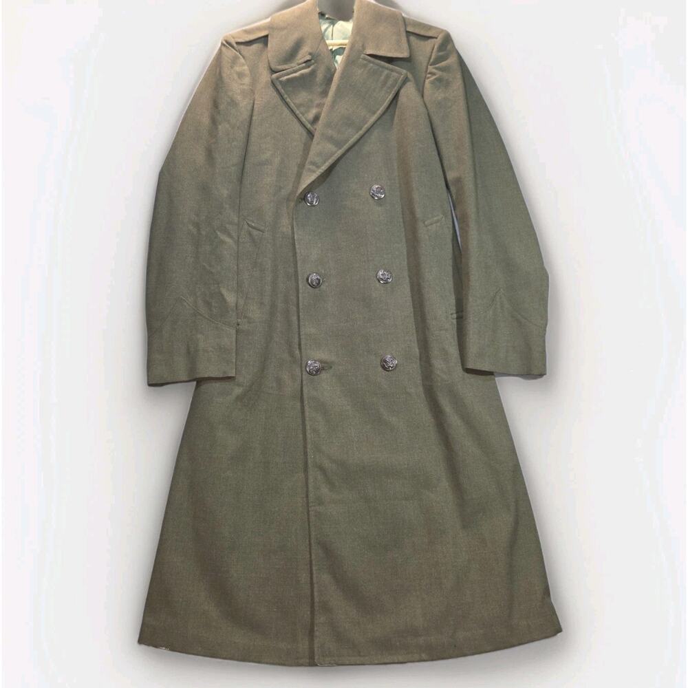Vintage USMC 36 L Marine's Wool Military Overcoat Trench Green 1960s Serge OG